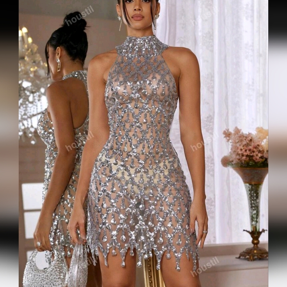 Sequined Mesh Stretchy Backless Formal Gown